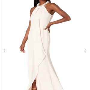 Calvin Klein White Gown Halter Neck with Draped Front Beading on Neckline-12